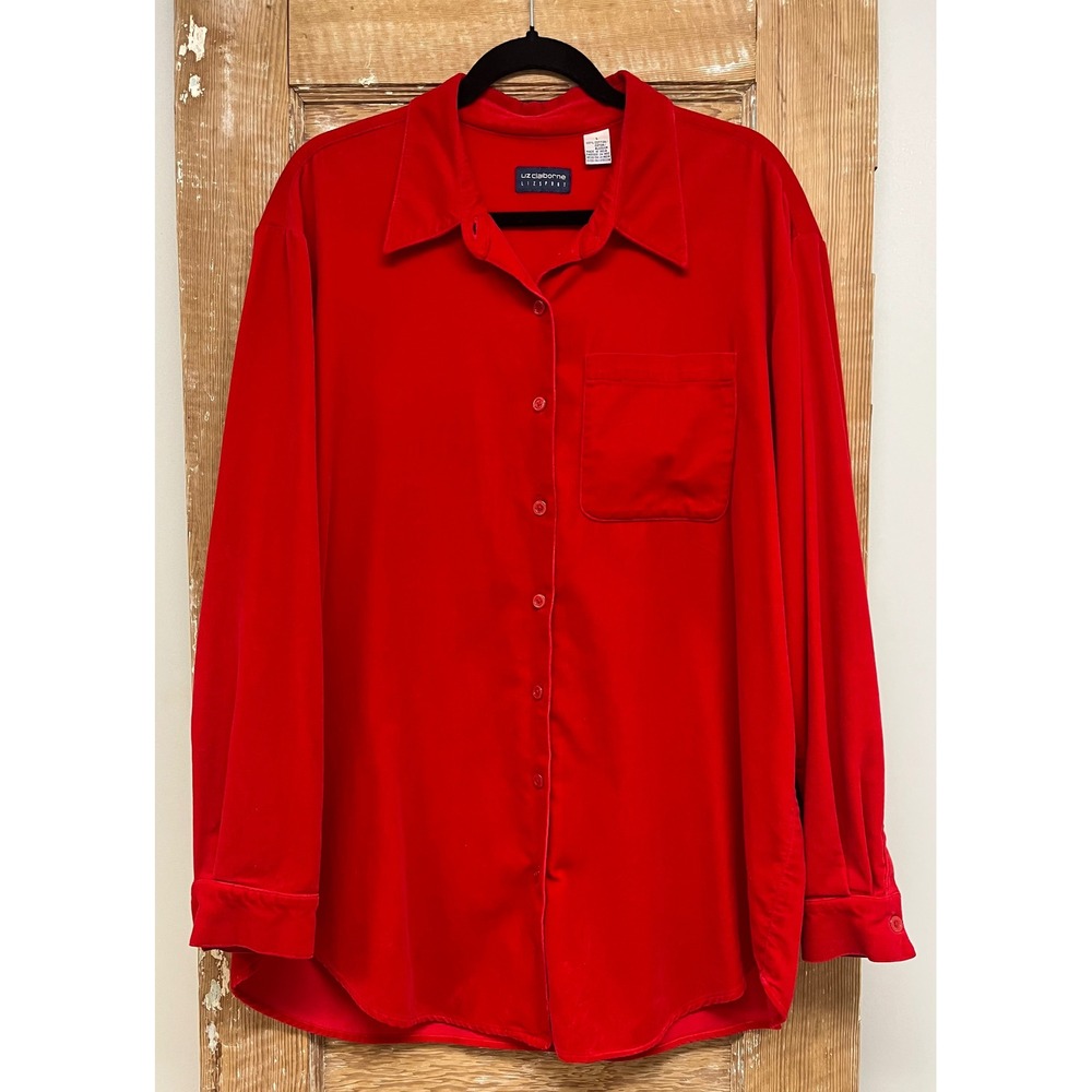 Liz Claiborne LizSport L Red Cotton Velvet Button Down Shirt Bold Holiday Preppy